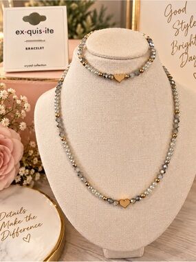 Ex·quis·ite Crystal Beaded Necklace & Bracelet Set Gold Heart NWT